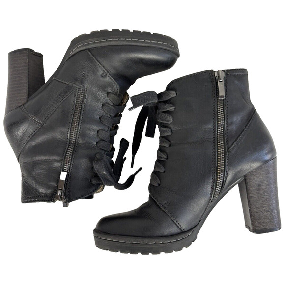 BIALA Black Leather Booties Women Size 6/36M Block Heel Zip-up, Lace-up - Picture 10 of 13
